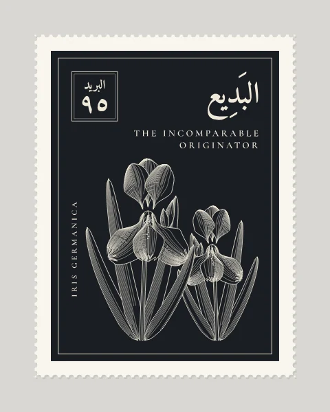 A perforated postage stamp in ink-black showing a bearded iris with a bud and sword-shaped leaves in fine white-line engraving, with the Name in Arabic and English, the Latin name along one edge and a corner panel numbered 95.