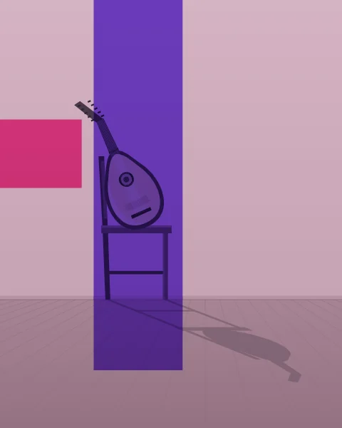 An oud leans against the back of a plain wooden chair on a board floor, with a long shadow running to the right. A violet plane stands behind the chair and a short magenta band sits on the wall beside it.