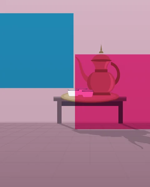 A brass dallah and three small cups stand on a round tray on a low wooden table, with their shadows stretched long to the left. A magenta plane covers the set and a cyan square hangs on the wall beside it.