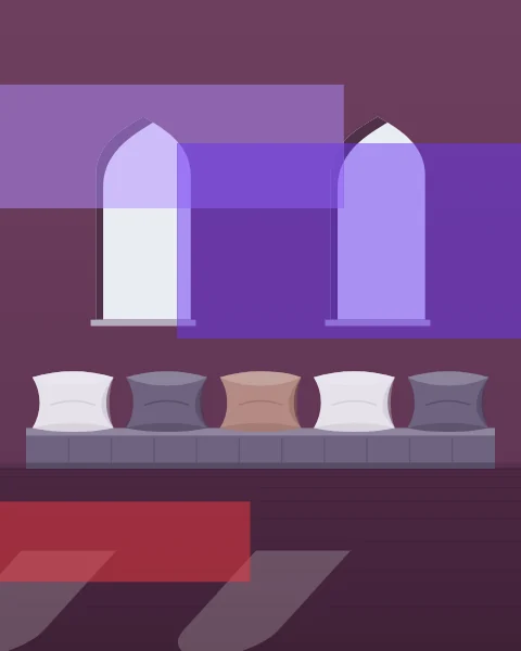 A long floor seat with a row of cushions runs along a plain wall under two arched windows, the room empty and still. Lilac, violet and red planes lie across it in bands.