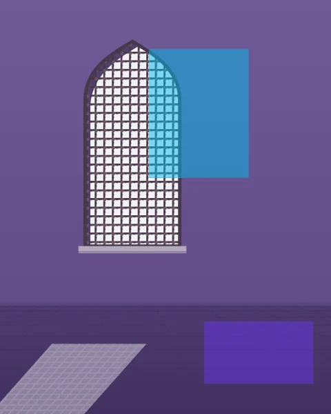 A tall window screened with a wooden lattice throws a slanting patch of patterned light across a tiled floor. A cyan plane sits over the window and a violet one over the light on the floor.