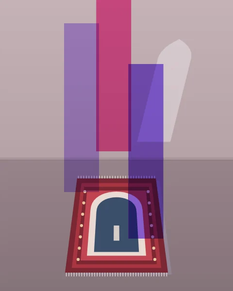 A prayer rug lies on a pale floor in front of a bare wall, its arched niche pointing to the wall, with a patch of window light falling beside it. Three tall planes of colour stand side by side behind it.
