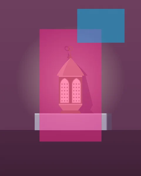 A pierced brass lantern, lit, sits on a single stone step at dusk, its shadow thrown long across the wall. A magenta plane frames it and a smaller cyan square overlaps the corner.