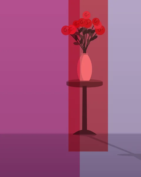A white bottle vase full of red and pink roses stands on a small round table against a pale wall. A magenta plane covers the left half of the picture and a red one crosses the flowers.