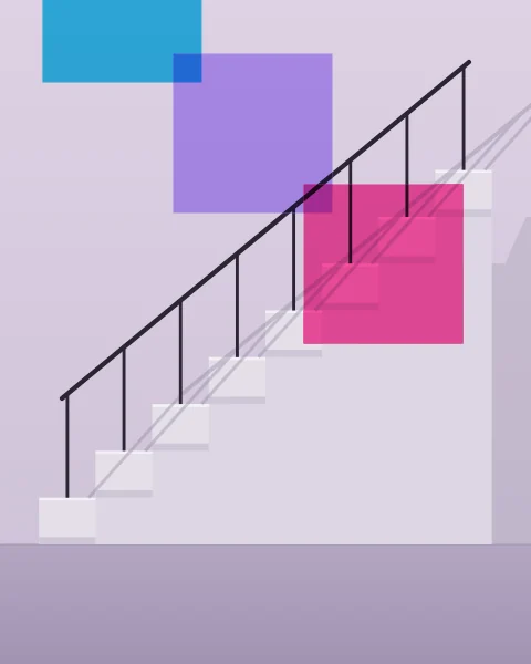 A plain stair climbs along a white wall with a slim rail, its balusters casting long slanted shadows. Three squares of colour step down across it.