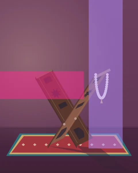 A carved wooden reading stand, its two broad boards crossed and opened into a cradle, stands empty on a low rug in warm lamplight, a string of prayer beads hung from a peg above. A lilac plane stands beside it and a magenta band runs along the wall.