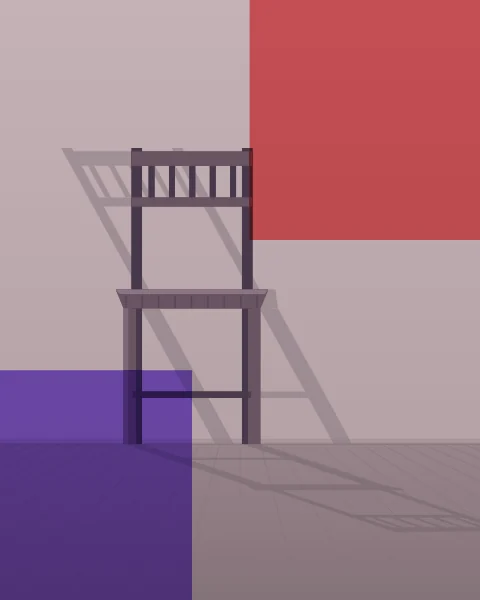 A single wooden chair stands against a bare wall, lit low from the left so that its shadow climbs the wall beside it. A red plane covers the top right and a violet one the floor at the left.