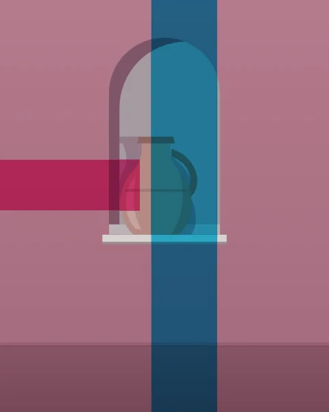 A clay water jug stands inside a deep arched niche cut into a plain wall, half in shadow. A cyan plane runs down through the niche and a short magenta band reaches in from the side.