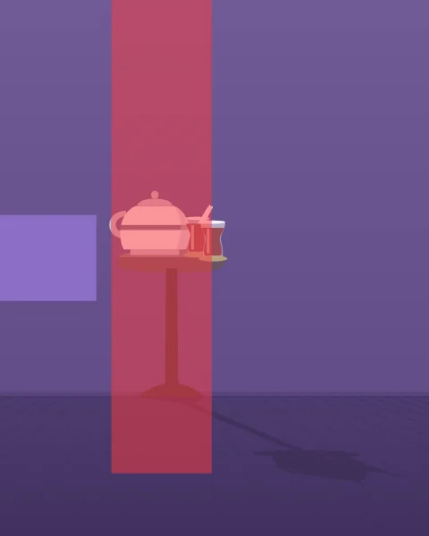 A white teapot and two glasses of red tea on brass saucers sit on a small round table, their shadows reaching across the floor. A red plane stands behind the table and a small lilac block sits on the wall beside it.
