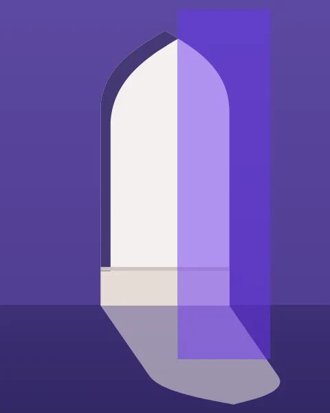 A tall arched doorway in a dim wall opens onto bright light, which spills a long arch-shaped patch across the floor. A magenta band runs along the top of the wall and a violet plane stands beside the opening.