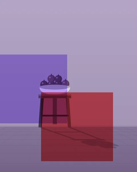 A white bowl heaped with purple figs sits on a low wooden stool, its shadow thrown long across the floor. A lilac plane and a red plane overlap behind it.