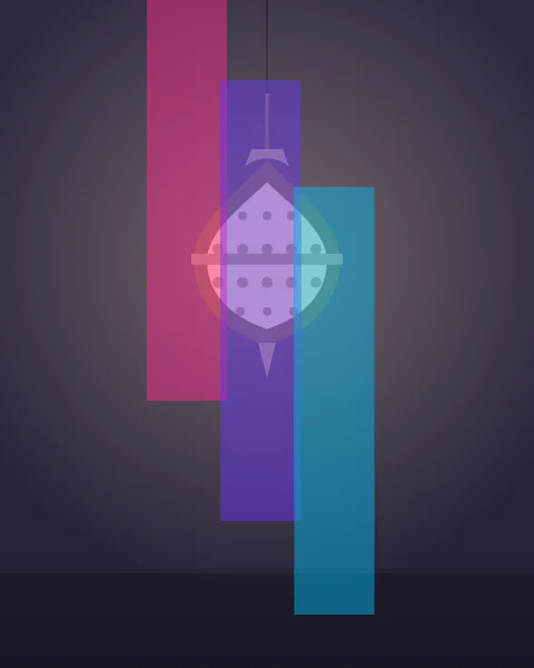 A round pierced lantern hangs on a chain in a dark room, lit from within, with a soft glow around it. Three tall planes of magenta, violet and cyan stand behind it.