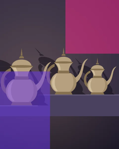 Three brass coffee pots of falling size stand on a stepped stone ledge in a dark room, caught by low warm light that throws their shadows long across the wall. A magenta plane covers the top right and a violet one the lower left.
