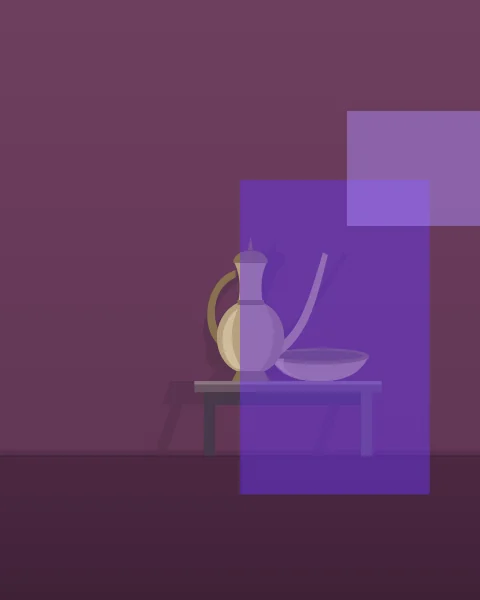 A tall brass ewer with a long spout stands beside a shallow basin on a low wooden table, with long shadows on the wall. A violet plane covers half the table and a lilac square overlaps above.