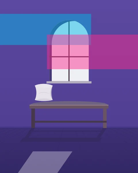 A long wooden bench with a cushion sits under a round-arched window, sunlight falling through onto the floor in front of it. A cyan band and a magenta band cross the wall.