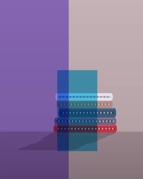 A stack of folded rugs in red, mauve, indigo and clay sits on the floor against a wall, with a long shadow to one side. A violet plane covers the left half and a cyan one crosses the stack.