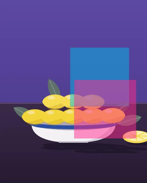 A white bowl with a cobalt rim is heaped with lemons and their leaves, a cut lemon beside it, on a dark table top seen close. Cyan and magenta planes overlap at one end of the bowl, turning the yellow orange where they cross.