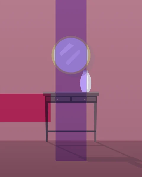 A round brass-framed mirror hangs above a slim console table with a single white vase on it, in quiet light. A lilac pillar rises through the mirror and a magenta band sits on the wall beside it.