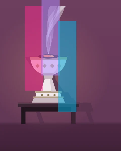 A tall white incense burner trimmed with brass stands on a low dark table, a coal glowing in its cup, and broad ribbons of pale smoke rise and drift across the room. Magenta, lilac and cyan planes stand side by side behind the smoke.
