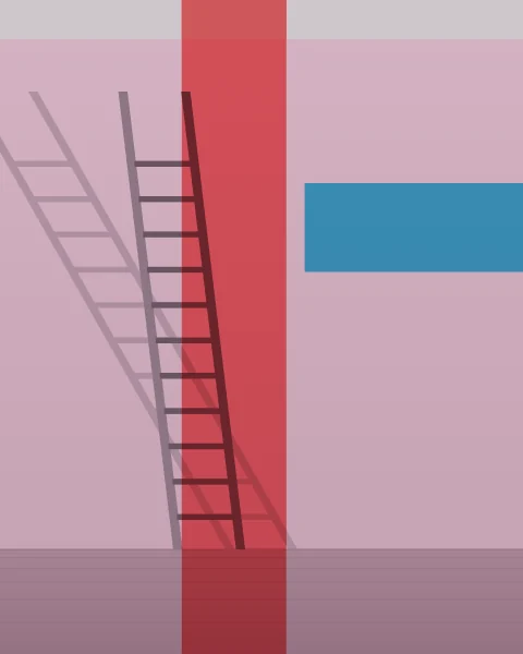 A wooden ladder leans against a pale wall on a roof terrace, its rungs casting a long slanted shadow on the plaster. A red column rises behind the ladder and a cyan band sits on the wall to one side.