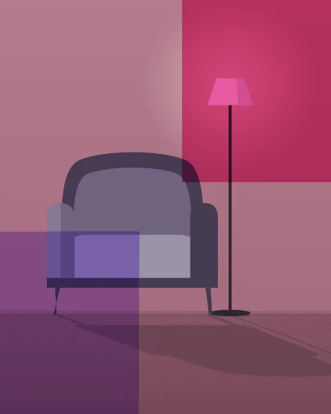 A soft armchair stands beside a tall floor lamp with a pale shade, with a long shadow on the floor. A magenta plane covers the top right corner and a lilac one the lower left.
