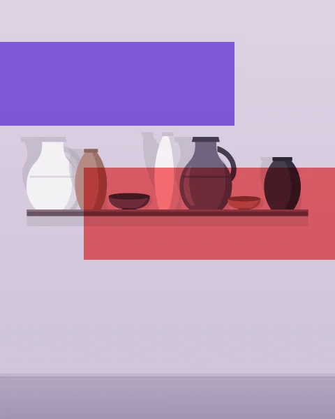 A plain wooden shelf on a wall holds a row of jugs, bowls and vases in white, clay and mauve, each with a small shadow. A violet band and a red band cross the wall at different heights.