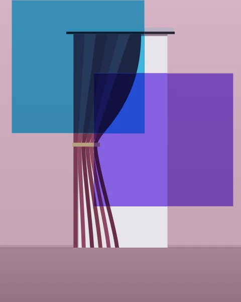 A doorway in a pale wall is half drawn with a heavy curtain, gathered to one side, and a little light shows beyond. Cyan and violet planes overlap across the curtain.