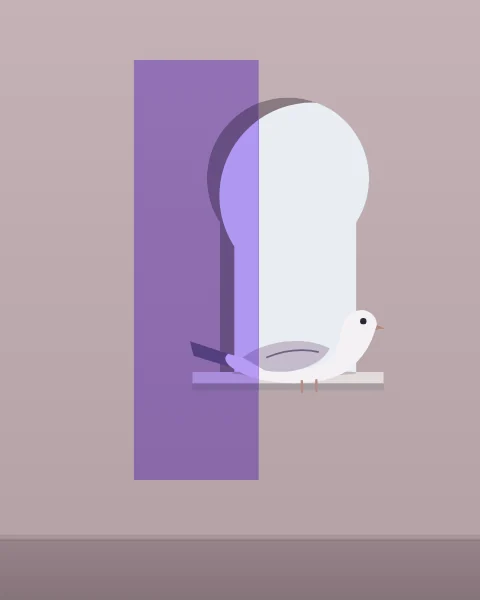 A white dove rests on the deep sill of a small arched window, sky showing pale behind it. A single lilac plane passes down the wall beside the window.