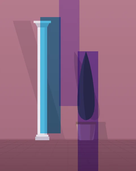 A slim cypress in a clay pot stands beside a white column in a courtyard, both throwing long shadows on the wall. Cyan, lilac and violet planes stand side by side.