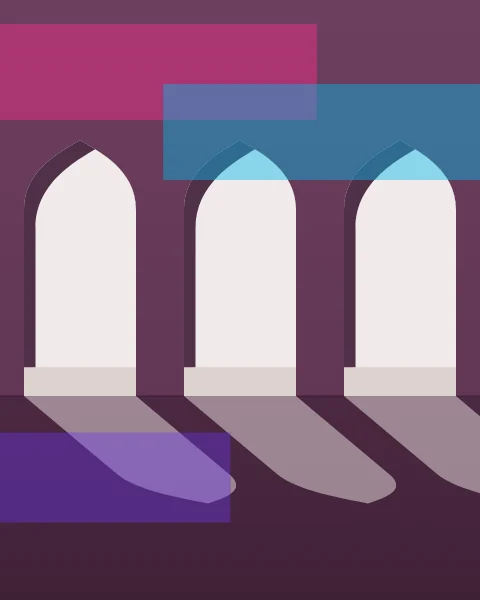 A row of pointed arches opens from a shaded gallery onto bright light, which falls through each arch in long patches across the floor. Bands of magenta, cyan and violet cross it.