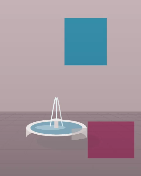 A small round stone fountain basin sits on a tiled courtyard floor before a plain wall, a thin jet of water rising from its centre. A cyan plane hangs on the wall and a magenta one lies across the tiles.