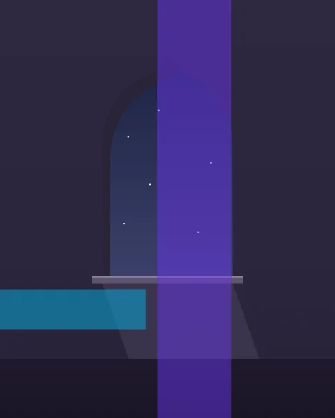 An arched window in a dark room looks out on a deep blue night with a thin crescent moon, a little moonlight falling on the sill. A violet plane runs down through the window and a cyan band lies low on the wall beside it.