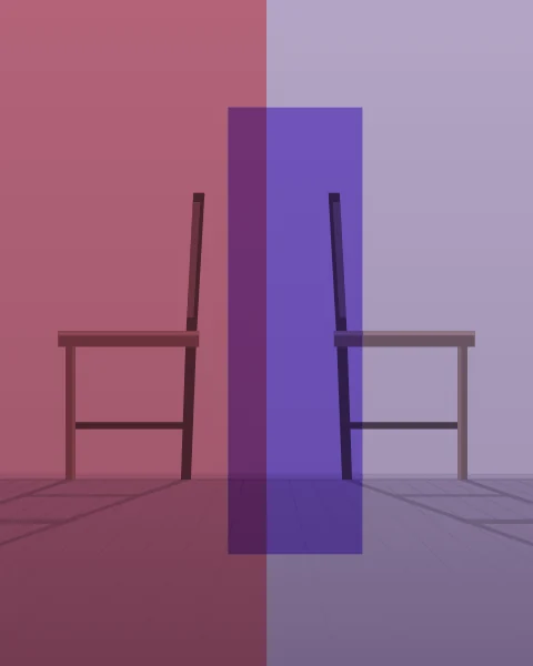Two plain wooden chairs face each other across a bare floor, their shadows meeting in the middle. A red plane covers the left half of the picture and a violet one stands between the chairs.