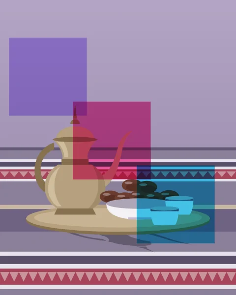 A brass tray set on a striped floor rug holds a dallah, a bowl of dates and two small coffee cups, seen close, with long shadows. Lilac, magenta and cyan squares step across it.