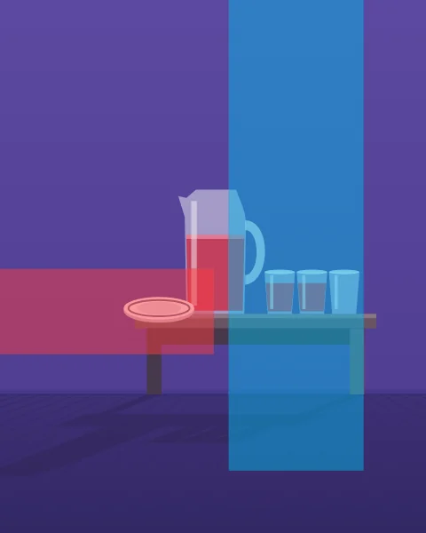 A clear jug of red pomegranate juice and three glasses stand on a low table against a pale wall, throwing long shadows. A cyan pillar rises behind the glasses and a red band runs along the wall beside it.