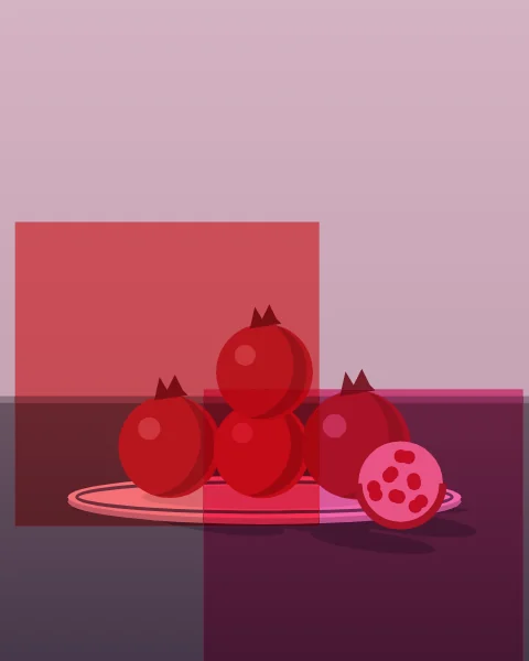 A white plate of ripe pomegranates, one split open to show its seeds, sits on a dark table top seen close. Red and magenta planes overlap across the fruit.