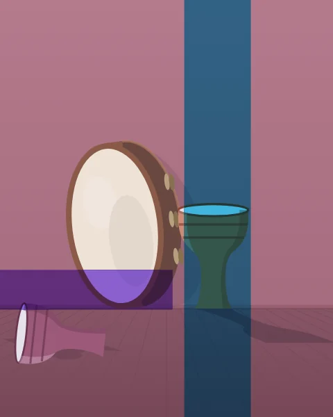 A large frame drum with brass rings inside its rim leans against a wall behind two clay goblet drums, one standing and one lying on its side, with long shadows. A cyan column stands behind the goblet drum and a violet band runs low across the frame drum.