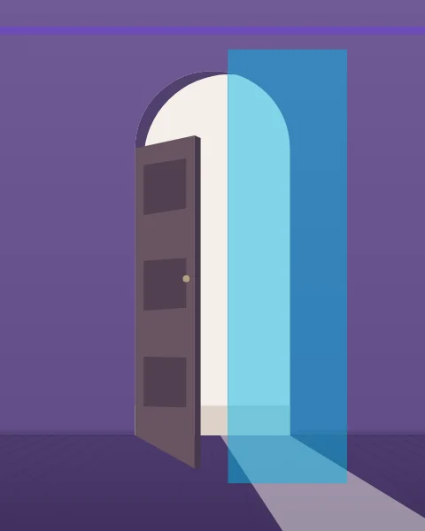 A tall panelled wooden door stands half open in a pale wall, light from outside slanting across the floor through the gap. A violet band runs across the top of the wall and a cyan pillar stands in the opening.