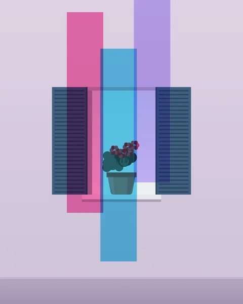 A window with louvred shutters folded back stands open in a white wall, a pot of red geraniums on the sill and sky beyond. Magenta, cyan and lilac planes stand in a row behind it.