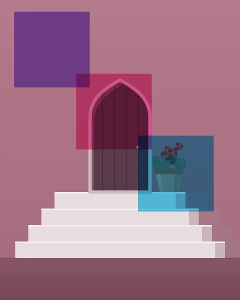 A short flight of stone steps rises to a small arched door set in a high pale wall, with a stepped shadow beside it. Violet, magenta and cyan squares step down beside the door.