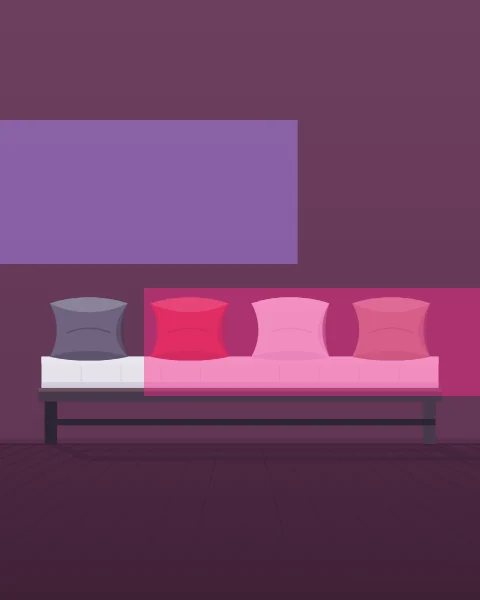 A long low daybed with a mattress and a row of cushions stands against a wall in the afternoon, with a long shadow beneath. A lilac band crosses the wall and a magenta one the bed.