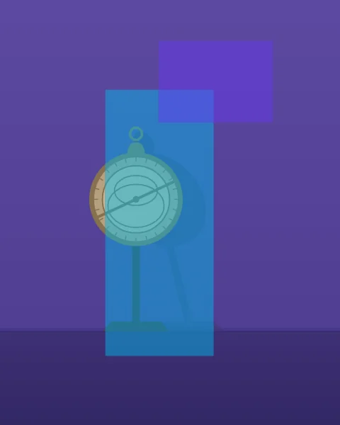 A brass astrolabe hangs from a wooden stand on a plain table top, its rings and scale lines catching the light. A cyan plane covers half the stand and a violet square overlaps the top.