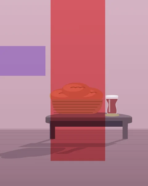 A brass basket of round loaves and a glass of tea sit on a low round table at the start of the day, with a long shadow across the floor. A red pillar rises behind it and a lilac band sits on the wall to one side.