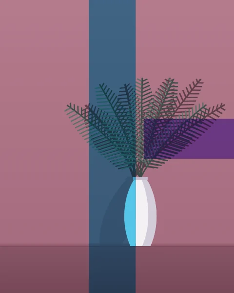 Green date-palm fronds fan out of a tall white vase standing on the floor, their feathered shadow spread across the wall. A cyan column rises through the vase and a violet band sits on the wall beside the fronds.