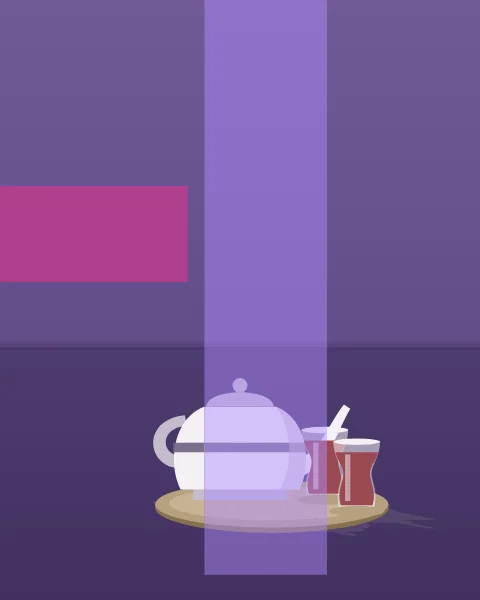 A brass tray with a white teapot and two glasses of tea sits on a bare floor, with long low shadows. A lilac plane rises behind the tray and a magenta band sits on the wall to one side.