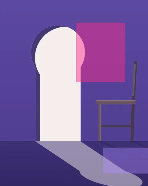 A wooden chair stands beside a tall horseshoe arch that opens onto bright light, its shadow lying across the sunlit patch on the floor. A magenta plane sits over the arch and a lilac one over the light below.