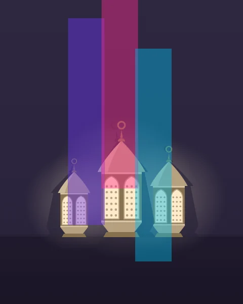 Three pierced brass lanterns of different heights stand lit on a dark floor in a dim room, their shadows fanning up the wall. Three tall planes of violet, magenta and cyan stand behind them.