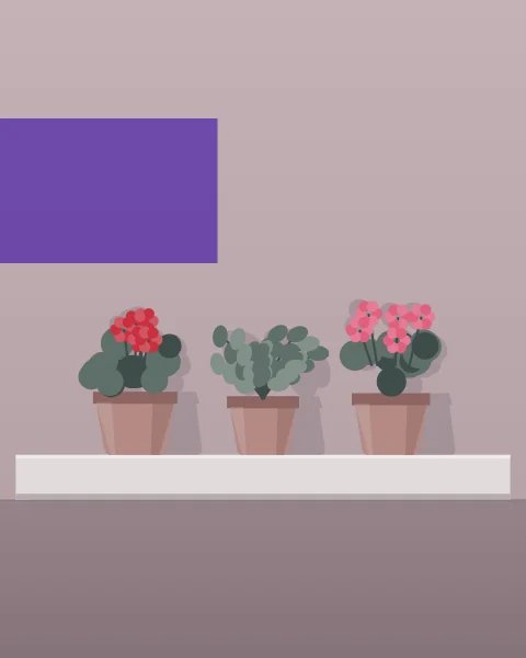 Three clay pots of herbs and red geraniums stand in a row along a single stone step against a pale wall, with short shadows. One violet plane lies across the wall above them.