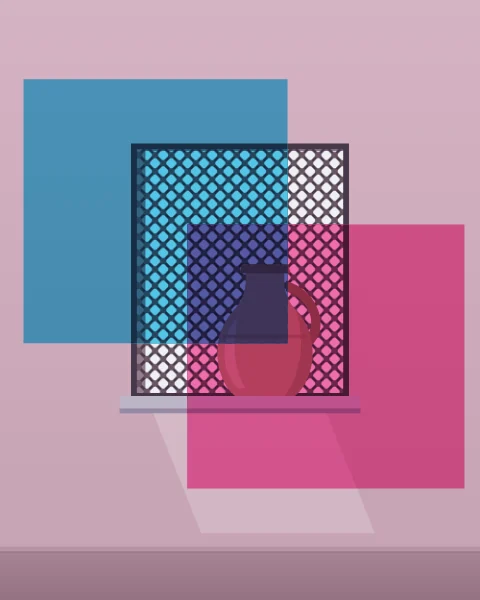 A clay water jug cools on the deep sill of a lattice-screened window, with filtered light falling across the wall below. Cyan and magenta planes overlap across the window.
