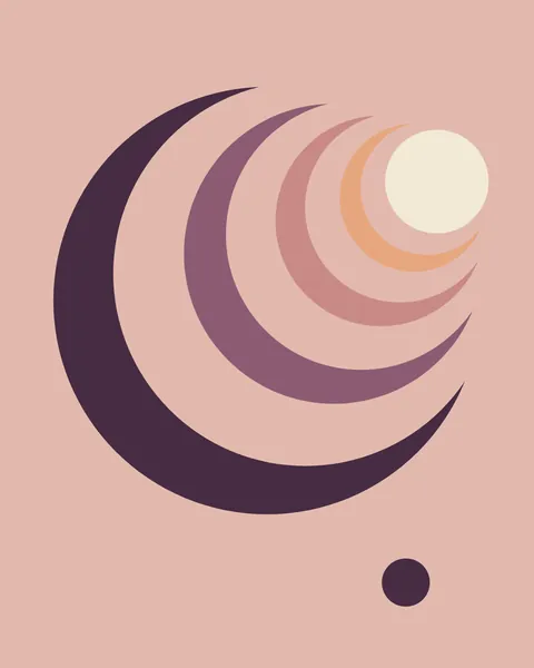 A large plum crescent holds a mauve one, which holds a rose one, then a peach one and a cream full moon, each opening towards the upper right. A small plum dot sits low on a dusky rose ground.